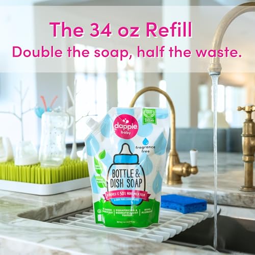 Dapple Baby Fragrance-Free Bottle & Dish Soap Refill Pouch - (2 Pack) 33.8 fl oz - Plant-Powered Cleaner for Baby Bottles, Pump Parts, and Sippy Cups - size: 34 Fl Oz (Pack of 2)