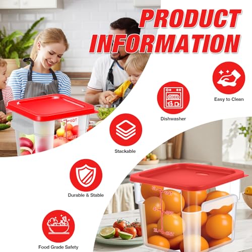 Square Storage Container with Lid, Commercial Box with Measurement Marks & Handle, for Baking, Dough Proofing, Meat Brining, Kitchen Tool (Red, 6QT-4PACK) - size: 6QT-4PACK