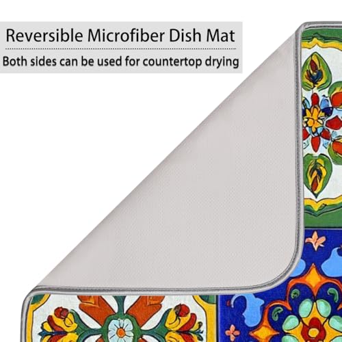 Dish Drying Mats for Kitchen - Super Absorbent Dish Dryer Mat for Countertops Microfiber Dishes Drainer Pad Hide Stain Draining Rack Mat Gadgets for Easy Clean Multi-Use 16"x18" (Mexican Tiles, S) - size: S