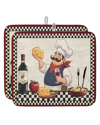 Retro Cartoon Chef Dish Drying Mat 2 Pack, Vintage Wine Cheese Farmhouse Traditional Black Plaid Absorbent Heat Insulating Kitchen Drying Pad Drainer Mats for Sink Counter Pot Dishes 16 X 18 Inch - size: 2PCS 16 x 18 inch