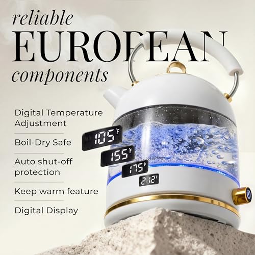 White Electric Tea Kettle with Temperature Control - 1500W Fast Hot Water Boiler and Warmer - White and Gold Electric Kettle with Keep Warm Function, BPA-Free Glass Body, Stylish Design, Auto Shut-Off - color: White