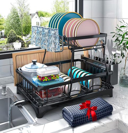 Godboat 2-Tier Dish Drying Rack - Dish Rack with Auto Drain-to-Sink & Mat | Dish Racks for Kitchen Counter, Dish Drainer with Knife Fork & Cup Rack, Gifts for Women, Mothers Day, Kitchen Gadgets, Black - size: X-Large/(2-Tier)