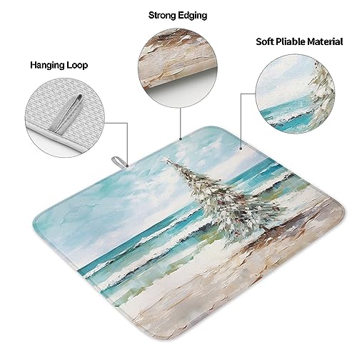 Coastal Christmas Tree Dish Drying Mat for Kitchen Counter, Microfiber Rack Pads, Modern Oil Painting Beach Xmas Tree Absorbent Dish Bottle Drying Mat, 18''x24'', 2 Pack - size: 2PCS-18x24in