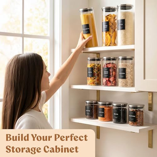 EDELHAUS Glass Storage Containers with Stainless Steel Lids [Extra Thick Glas] with 54 Labels - Canister For Pantry Noodles Flour Cereal Rice Sugar Tea Coffee Beans - Round Set of 5x - color: 5 Pack - Silver Lids