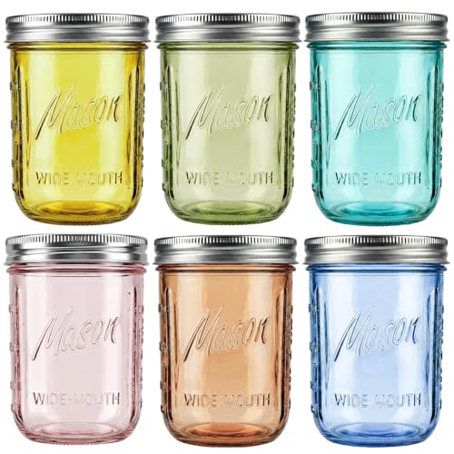 WELLIFE 6-Pack Colored Mason Jars 16 oz with Lids – Wide Mouth Glass Jars in 6 Vibrant Colors, Airtight Leak-Proof Canning Jars for Food Storage, Drinks, Crafts & Pantry Organization - color: Colored Mason Jar 16oz-6Pcs