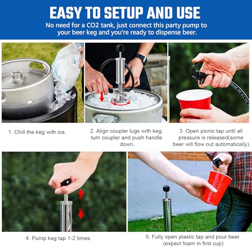 4” Keg Party Pump Keg Tap, D System Beer Keg Pump for US Sankey, Kegerator Tap Stainless Steel Probe Coupler Beer Tap with Beer Line Faucet Hose Clamps for Homebrew Picnic Parties (Silver Clamps)
