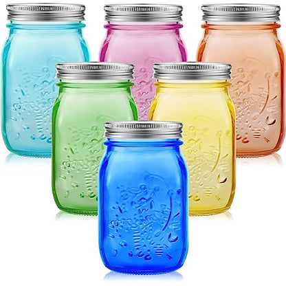 뚜껑이 있는 946.4ml(32온스) 컬러 메이슨 병 6개, 넓은 입구 쿼트 통조림 병, 대형 빈티지 유리병, 보관 산세 보존, 발효 DIY 공예 및 장식, 식기 세척기 사용 불가, 6가지 색상