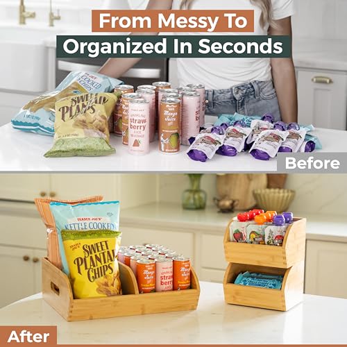 Potato and Onion Storage Bin for Pantry and Kitchen Counter - Ventilated Stackable Bamboo Organizer Baskets with Handles - color: Bamboo