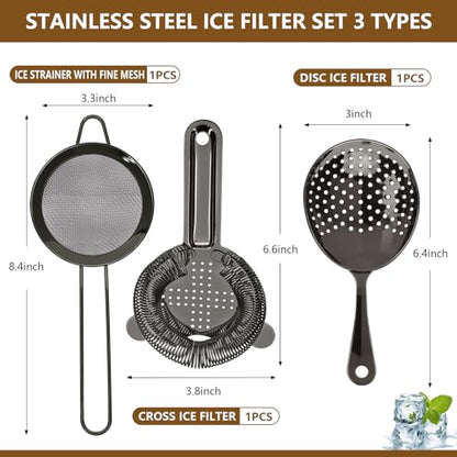 Cocktail Strainer-Stainless Steel Bar Tools Bartender Cocktail Strainer Set:Hawthorne Strainer,Julep Strainer and Conical Fine Mesh Strainer (Black) - color: Black