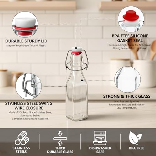 Ruckae Square Swing Top Glass Bottles with Lids Kombucha Coquito Flip Top Glass Bottle for Syrup Vanilla Extract Brew Beer Kefir Air Tight Bottles for Gift (8.5 oz 12 pack) - size: 8.5 oz 12 pack