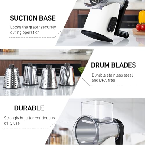 VEKAYA Rotary Cheese Grater Hand Crank, White | 4 Interchangeable Stainless Steel Blades, Large Manual Handle Shredder, Waffle Slicer for Vegetables, Cheese and Nuts - color: White