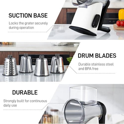 VEKAYA Rotary Cheese Grater Hand Crank, White | 4 Interchangeable Stainless Steel Blades, Large Manual Handle Shredder, Waffle Slicer for Vegetables, Cheese and Nuts - color: White