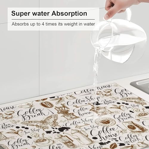 Coffee House Butterfly Dish Drying Mat for Kitchen Counter 18 x 24 inch Classic Cafe Dish Drainer Rack Mats with Hanging Loop Coffee Break Print Dishes Drainer Pads Cafe Theme Drying Pad - color: white brown