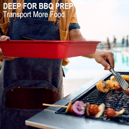 Czlizdyt Deep Grilling Prep and Serve Trays with lid, BBQ Tray for Marinating Raw and Cooked Food, Diswasher Safe Nesting Trays Black in Red - style: Deep Prep Trays with Lid