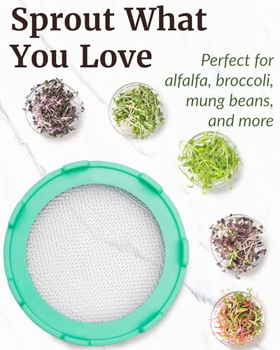 Elementi Sprouting Lids for Wide Mouth Mason Jars (Set of 2), Sprouting Jar Kit for Organic Sprouts, Alfalfa & Mung Bean Sprouts Grow Kit, 316 Stainless Steel Mesh Screen Strainer Lid (Mint) - color: Mint Green
