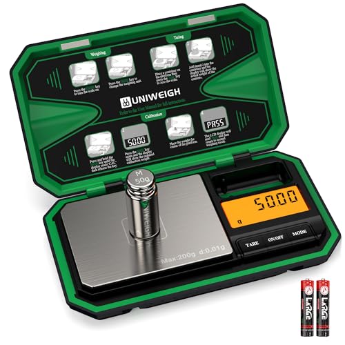 UNIWEIGH Digital Pocket Scale Precision 200g/0.01g Scale Grams Ounces | Mini Jewelry Scale, Coins Scale with 50g Cal Weights for Gold/Silver/Gems/Food,(Battery Included)-Green - color: Green