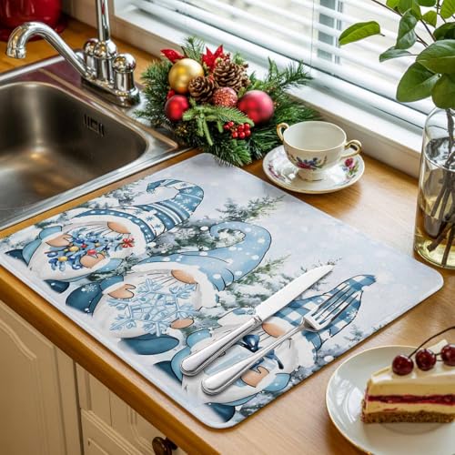 Blue Gnomes Christmas Dish Drying Mat for Kitchen Counter, Microfiber Dishes Drainer Mat Rack Pad, Xmas Tree Snowflake Gifts Absorbent Dish Bottle Drying Mats, 16''x18'', 1 Pack - size: 1PCS-16x18in