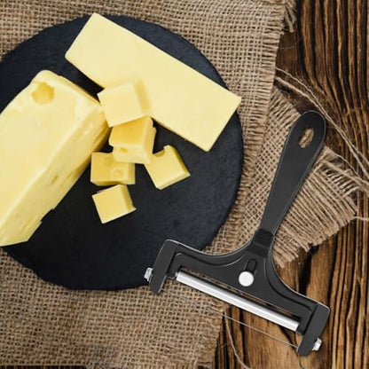 Cheese Slicer Kit, Stainless Steel Adjustable Thickness Iron Handheld Block Cheese Plane with 8 Extra Wires Charcuterie Cutter Curler Shaver Knife Board Accessories for Mozzarella Cheddar(Black)