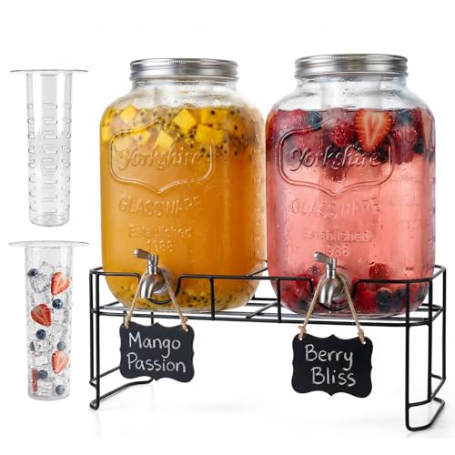 DD&HAPP 2 Gallon Glass Drinks For Parties With Stand.Stainless Steel Spigots & Metal Stand,Large Capacity Beverage Dispenser for Party,Infused Water,Iced Tea,Lemonade,Outdoor,Commercial Use. - size: 2 Gallon Double With Stand