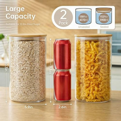 HomArtist Extra Large Glass Flour and Sugar Storage Containers with Airtight Lids,132 floz x2 [Set of 2] Big Glass Jars with Bamboo Lids, Air Tight Food Storage Jars for Cereal, Pasta, Rice, Coffee - color: 132oz 2 Pack