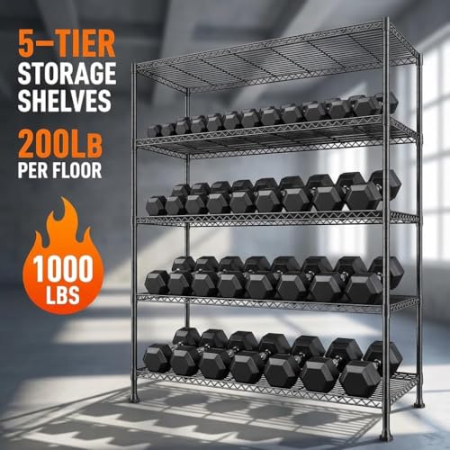 REIBII 45.8" W Storage Shelves, Heavy Duty 5-Tier Wire Shelving, Adjustable Metal Shelf for Pantry Kitchen Commercial, Tool-Free Assembly, 17.2" D x 45.8" W x 71" H, Black - size: 5 Tier, 45.8" W x 71" H x 17.2" D