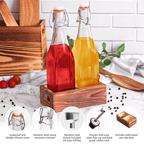 Glass Bottle Set of 2-17oz with Flip Top Airtight Lid, Pourer and Funnel - Reusable Swing Top Stoppers and Leak Proof for Oil, Vinegar, Water, Infusions and Juices