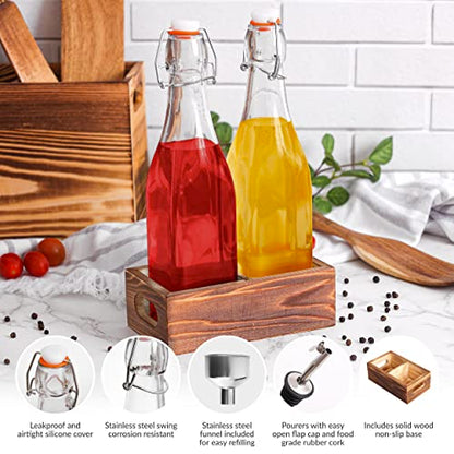Glass Bottle Set of 2-17oz with Flip Top Airtight Lid, Pourer and Funnel - Reusable Swing Top Stoppers and Leak Proof for Oil, Vinegar, Water, Infusions and Juices
