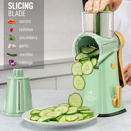 Zulay Kitchen Rotary Cheese Grater 5 Blade Cheese Shredder - Manual Hand Crank Cheese Grater With Reinforced Suction & 5 Interchangeable Drums - Easy to Use, Vegetable Chopper Round Mandoline Slicer - color: Sea Foam & Gold