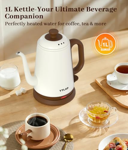 Gooseneck Electric Kettle 1L, 1000W Fast Boiling for Pour-Over Coffee & Tea, 304 Stainless Steel BPA-Free, Precise Flow Spout, Auto Shut-Off & Boil-Dry Protection, Retro Style (White) - color: White