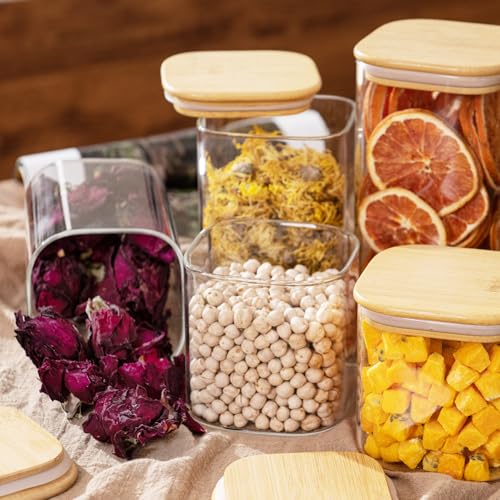 D2scrma Airtight Glass Square Storage Containers with Bamboo Lid Set of 6 (650ml*2/1100ml*2/1500ml*2) Stackable Jars, Kitchen Canister for Pantry Cereal, Nuts, Snacks and Coffee beans - size: 22oz*2/37oz*2/50oz*2