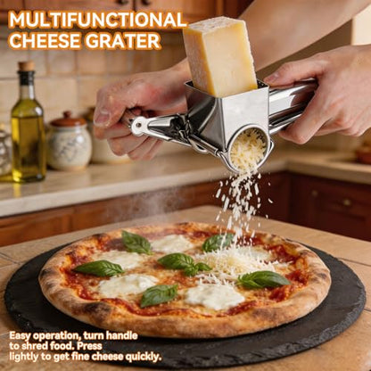 Stainless Steel Single Drum Rotary Cheese Grater, Multipurpose Rotary Cheese Grater with 3 Different Rotatable Drums for Parmesan, Mozzerella, Vegetables and More