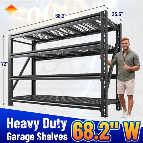 Romorgniz 5020LBS Heavy Duty Garage Shelving, 68.2" W Storage Shelves with Wire Deck, Rust/Water Resistant, 4 Tier Adjustable Industrial Shelving for Warehouse Basement, 23.5" D Deep x 72" H, Black - size: 68.2" W X 72" H X 23.5" D