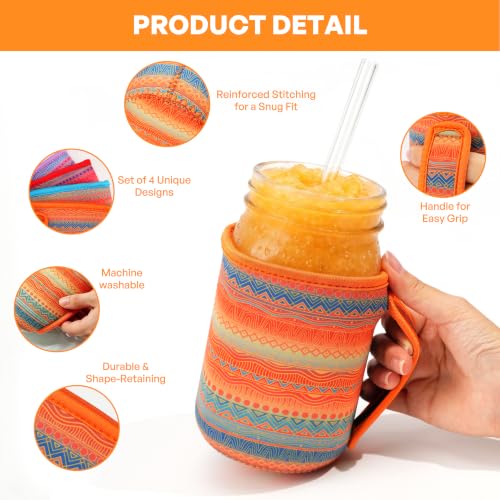 KJQJLY 4 Pcs Mason Jars Sleeves Neoprene 16oz and 24oz 32oz Regular and Wide Mouth Mason Jar Sleeves Holder with Handle (Desert Sunset, 32 OZ) - color: Desert Sunset, size: 32 OZ