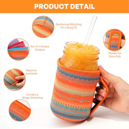 KJQJLY 4 Pcs Mason Jars Sleeves Neoprene 16oz and 24oz 32oz Regular and Wide Mouth Mason Jar Sleeves Holder with Handle (Desert Sunset, 32 OZ) - color: Desert Sunset, size: 32 OZ