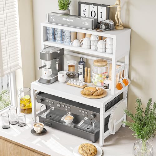EnHomee 4-Tier Microwave Stand for Kitchen Storage, White | 205 lb Capacity, Adjustable Kitchen Shelves with 9 Hooks & Cutting Board Rack - color: White