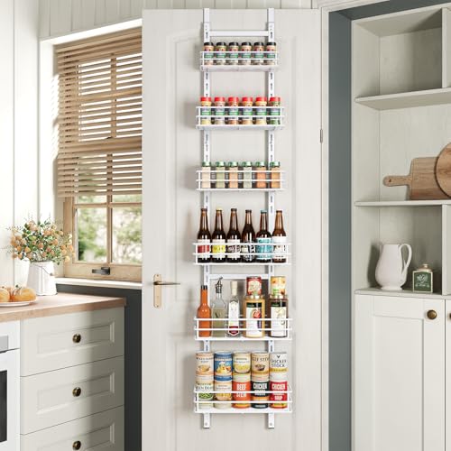 Adjustable 6-Tier Over the Door Pantry Organizer, Spice Rack, Narrow Hanging Shelf for Kitchen Storage and Organization (White) - color: White-6