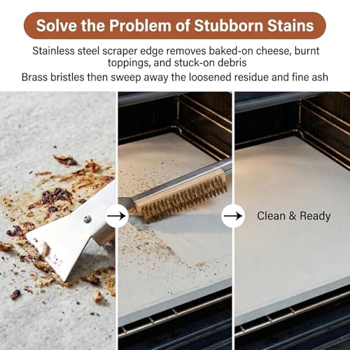 21'' Pizza Oven Brush with Scraper, Brass Bristles Pizza Stone Cleaning Brush with Long Handle and Hanging Loop for BBQ Grill Cleaning, Include 2 Brush Heads