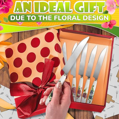 6 Pcs Butter Knife Set - 7.87 x 4.21" Floral Сheese Spreader Knives with Easy-to-Grip Ceramic Handles, Serrated Stainless Steel Blades, Polished, Dishwasher Safe - for Kitchens, Restaurants & Parties - color: Floral
