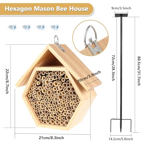 Mason Bee House for Garden, Natural Wooden Bee Habitat with Metal Ground Stake, Attracts Pollinators, Improve Garden Productivity, Outdoor Decoration