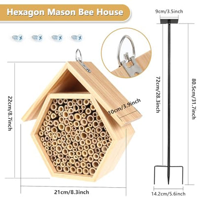 Mason Bee House for Garden, Natural Wooden Bee Habitat with Metal Ground Stake, Attracts Pollinators, Improve Garden Productivity, Outdoor Decoration