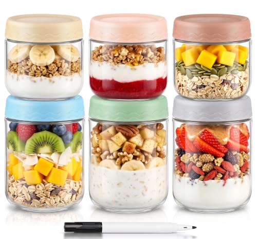 DRKIO 10 & 16 Oz Overnight Oats Containers with Lids - 6 Pack Glass Storage Jars with Airtight Lids Wide Mouth Mason Food Jars Great for Meal Prep Salad Chia Puddirg Snacks Yogurt Sugar Spice Cereal - color: 10&16 Oz - 6 Colors
