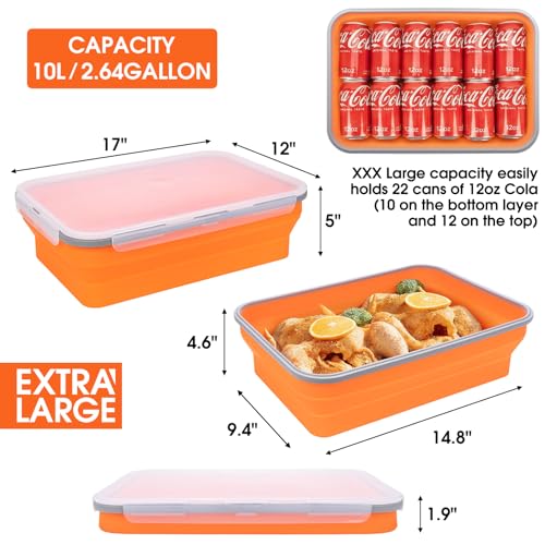 Silicone Collapsible Marinating Container with Lid for Meat, 2.64Gal/10L, Extra Large Collapsible BBQ Prep Tub, Transparent Locking Lid, XL Grill Prep Trays and Carry System, BBQ Must-Have, Orange - color: Orange | 1 Pack | 2.64 Gal