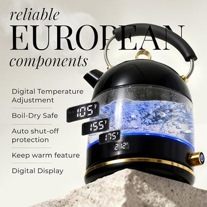 Glass Electric Kettle No Plastic, Stainless Steel, Auto Shut Off and Keep Warm Function - Black and Gold Tea Kettle with Temperature Control – 1500W Fast Hot Water Boiler for Coffee and Tea - color: Black