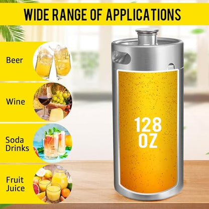 MRbrew 128oz Mini Keg Growler Portable Draft Beer Dispenser System Pressurized Stainless Steel Beer Growler Tap System Home Mini Kegerator, with Professional Beer Tap and CO2 Regulator to Keep Fresh