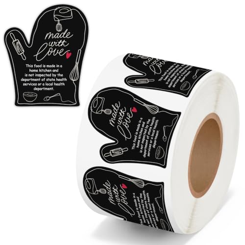 PANTIDE 500 Count Made with Love Cottage Food Law Labels Stickers (Black) | Adhesive Oven Mitt Shaped Decal Roll, Made in A Home Kitchen, Inspection Statement Thermal Printed, for Baked Food Packaging - color: Made With Love Black