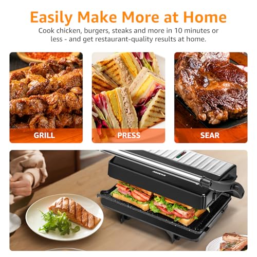 Panini Press Grill, Aigostar 1000W Sandwich Maker with Ceramic Non-stick Plates, Opens 180 Degrees for Any Size Food, 3-in-1 Sandwich Press Electric Grill, Drip Spout & Locking Lid, Sliver - color: Black