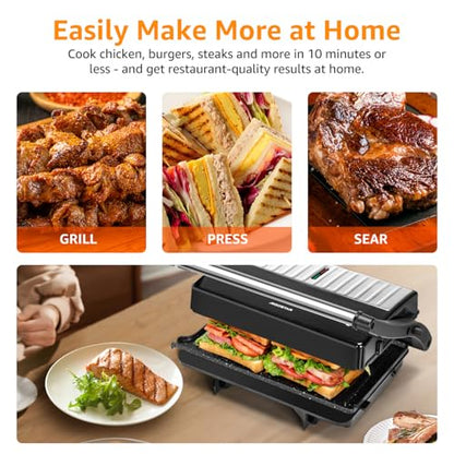 Panini Press Grill, Aigostar 1000W Sandwich Maker with Ceramic Non-stick Plates, Opens 180 Degrees for Any Size Food, 3-in-1 Sandwich Press Electric Grill, Drip Spout & Locking Lid, Sliver - color: Black