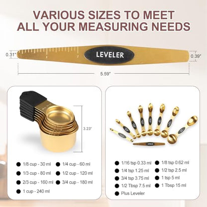 16-Piece Stainless Steel Measuring Cups and Spoons Set, Strong Magnetic Nesting Design 7 Cups 8 Spoons with Leveler, Double Measurement Markings for Dry & Liquid Ingredients, Gold - color: 16-Piece Gold