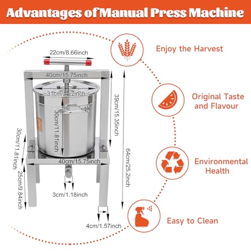 Fruit Wine Press 3.5Gallon/13.25L Manual Juice Maker Stainless Steel Fruit and Wine Press Nature Juice Making Press Machine with T-Handle for Cider Apple Grape Tincture Vegetables Honey Cheese - size: 13.25L/3.5Gallon-Silver