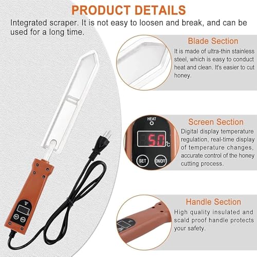 Electric Honey Uncapping Knife, Stainless Steel Electric Honey Cutter, 50-180℃ Temperature Control, Wood Handle Stainless Steel Blade, Digital Display for Professional Beekeeper